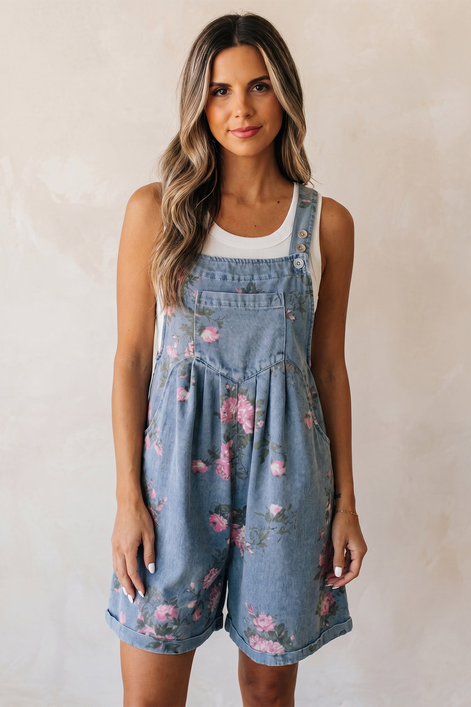 Floral Denim Adjustable Strap Romper