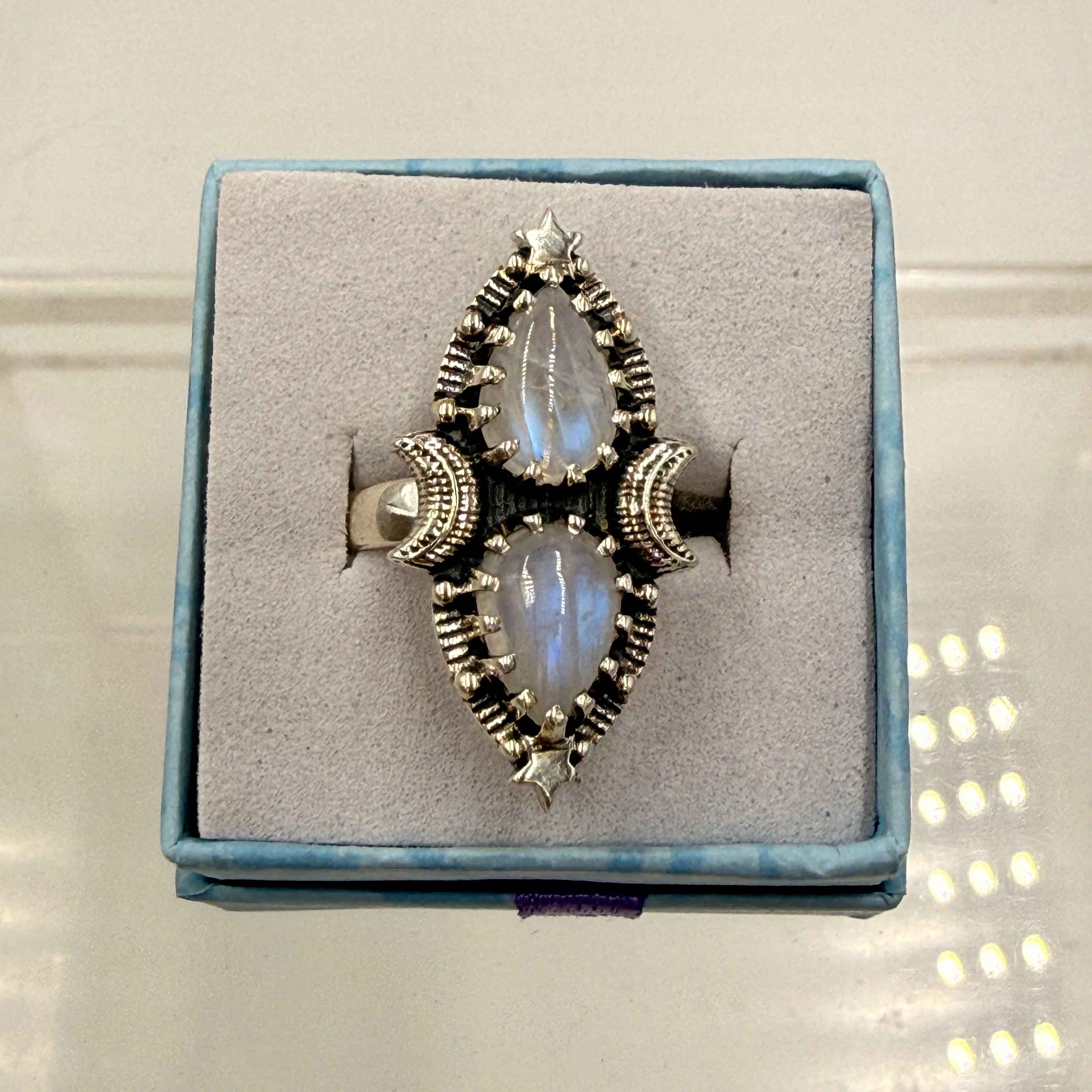 Sterling Silver Double Teardrop Celestial Moonstone Ring - Size 5- Mystical, Protective & Awakening